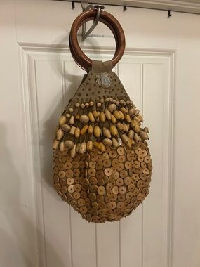 Vintage handmade Beaded Wooden Disc Handbag with Wooden Ring Handle - Tan
